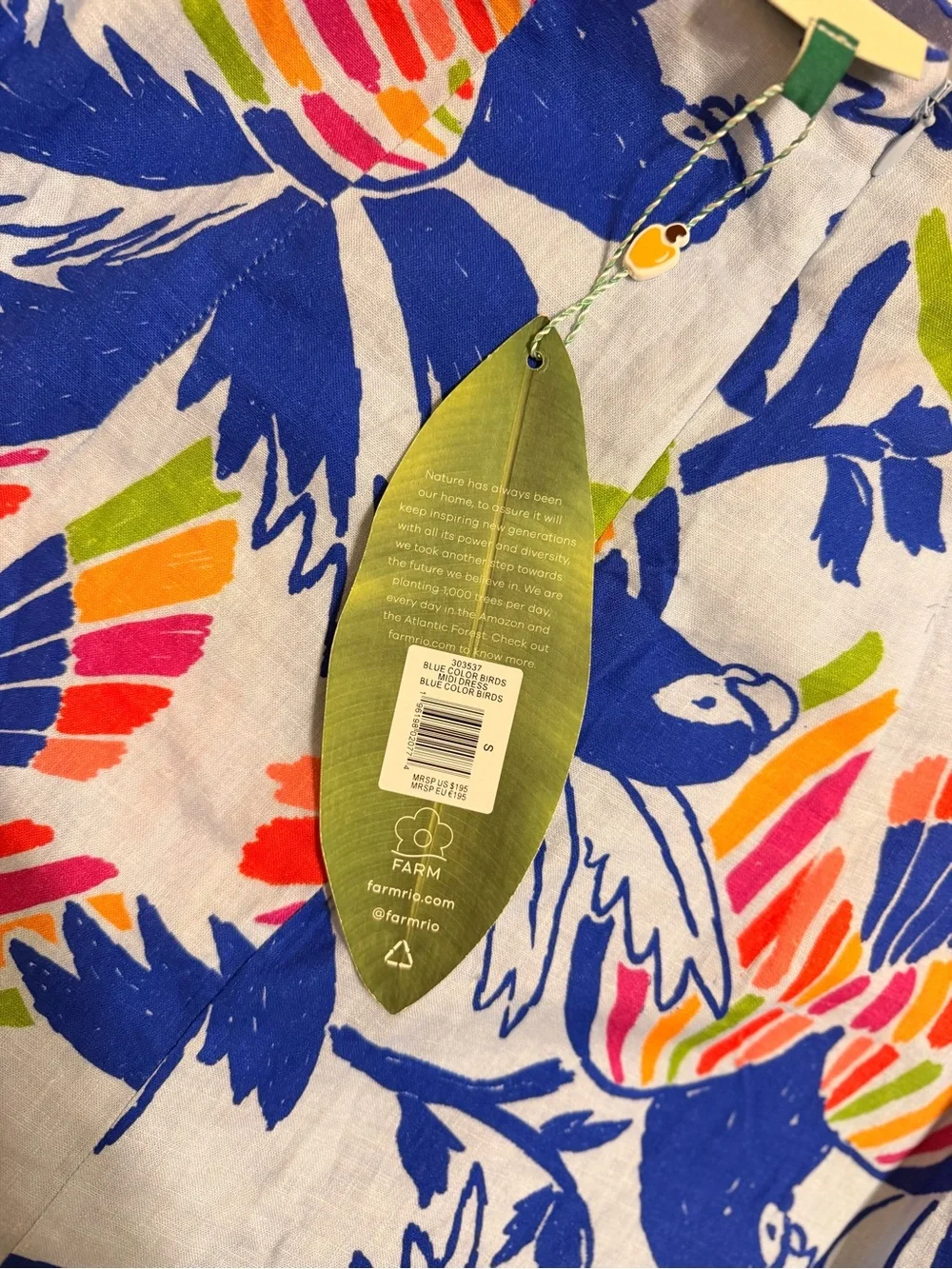 FARM Rio Blue Tropical Midi Dress with Multicolor Leaf Print